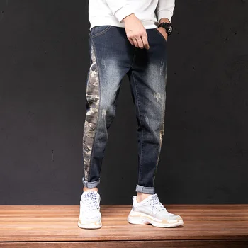 

#2632 Mens Jeans Regular Fit Side Patchwork Stripe Camouflage Streetwear Harem Denim Toursers Plus Size 40 42 Jeans Biker Men
