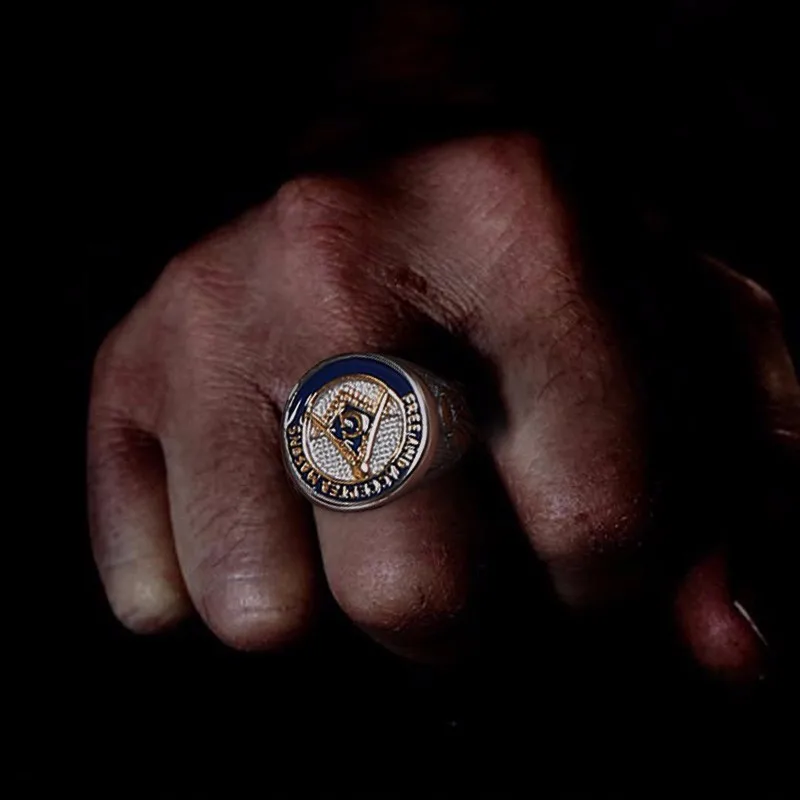 

BLUE LODGE TRI-TONE ICONS SILVER COLOR BAND FREEMASON RING BLUE MASON SYMBOL FREE AND ACCEPTED MASONS MASONIC JEWELRY