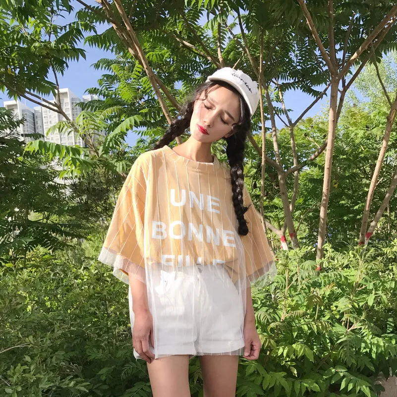 Женские летние футболки в стиле Харадзюку, Женская Сетчатая футболка, женская уличная одежда, милые женские свободные топы, корейские школьные футболки