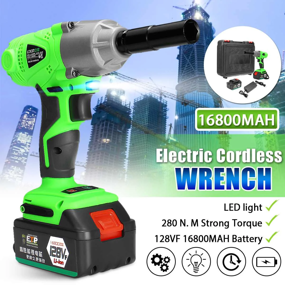 

16800mAh Electric Wrench Cordless Brushless 1/2'' Rechargeable Lithium Battery Impact Socket Wrench for Car Wheel Tire DIY Tool