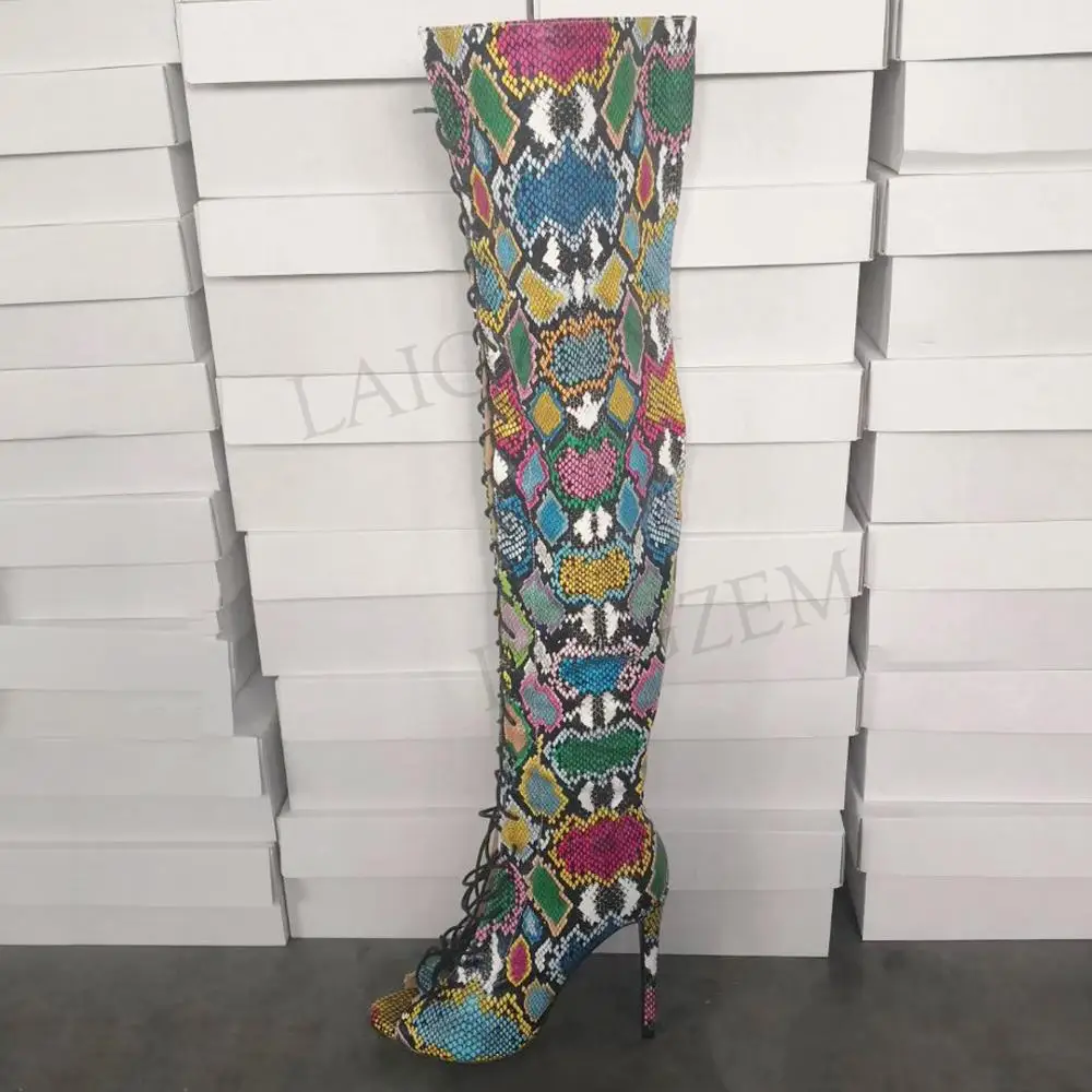 

LAIGZEM FASHION Women Thigh High Boots Wide Calf Lace Up Peep Toe Stiletto Spring Summer Boots Shoes Botines Mujer Big Size 47
