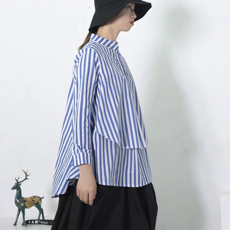 

LANMREM 2019 Spring Summer Nwe Blue Striped Double Layers Irregular Round Hem Loose Big Size Shirt Women Blouse Fashion YC20305