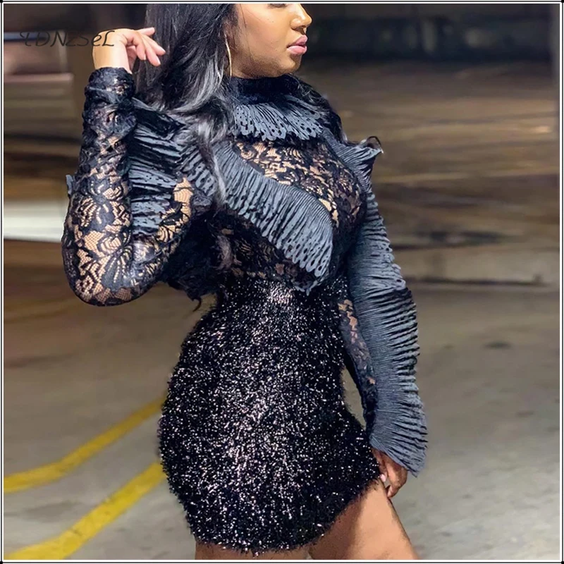 Women Sexy Lace See Through Skinny Bodysuit Long Sleeve Hollow Out Overlay Ruffle Jumpsuit Nightclub Party Turtleneck Playsuit