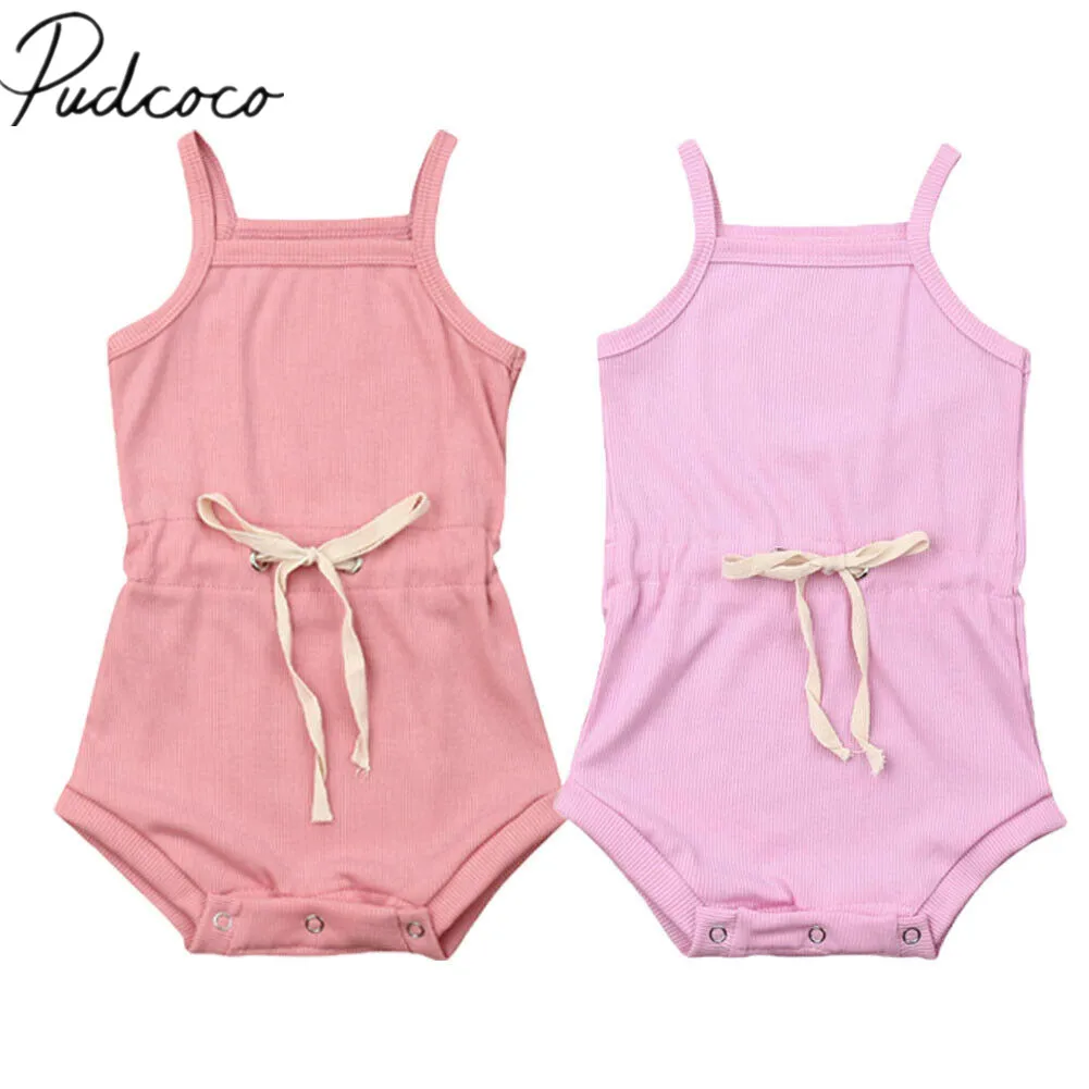 

2019 Baby Summer Clothing Newborn Baby Girl Boys Strap Solid Bodysuit Sleeveless Elastic Waist Jumpsuit Sash Belt Outfit Clothes