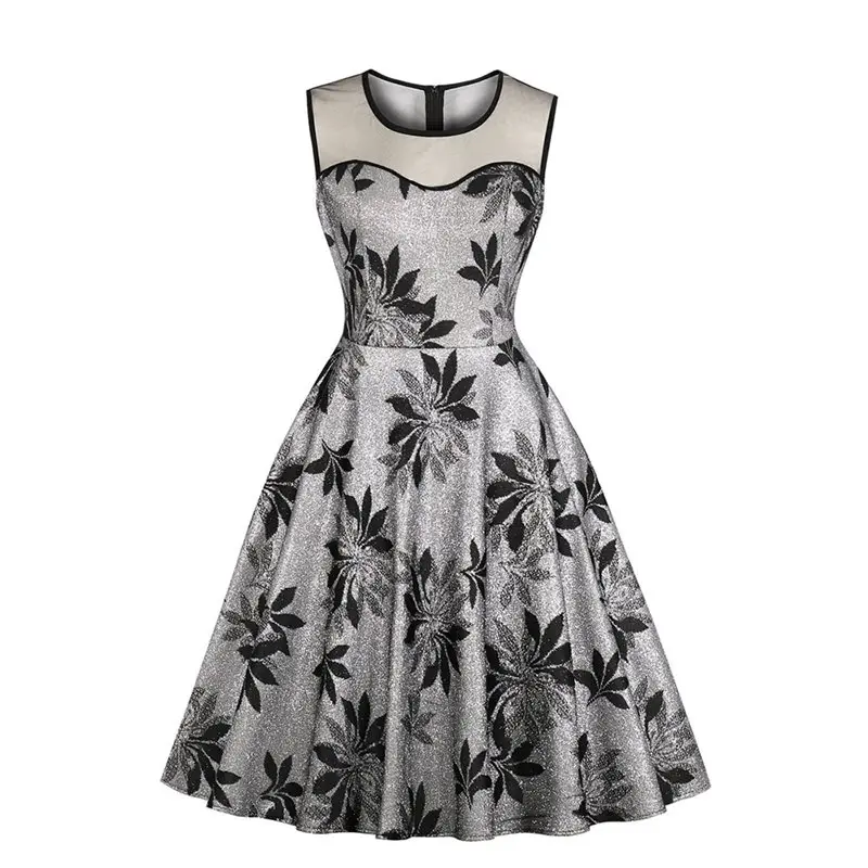 

Women Elegant Party Dress Floral Office Lady Plus Size Vintage Aline Zipper Lace Print Black Female Fashion Retro Preppy Dress