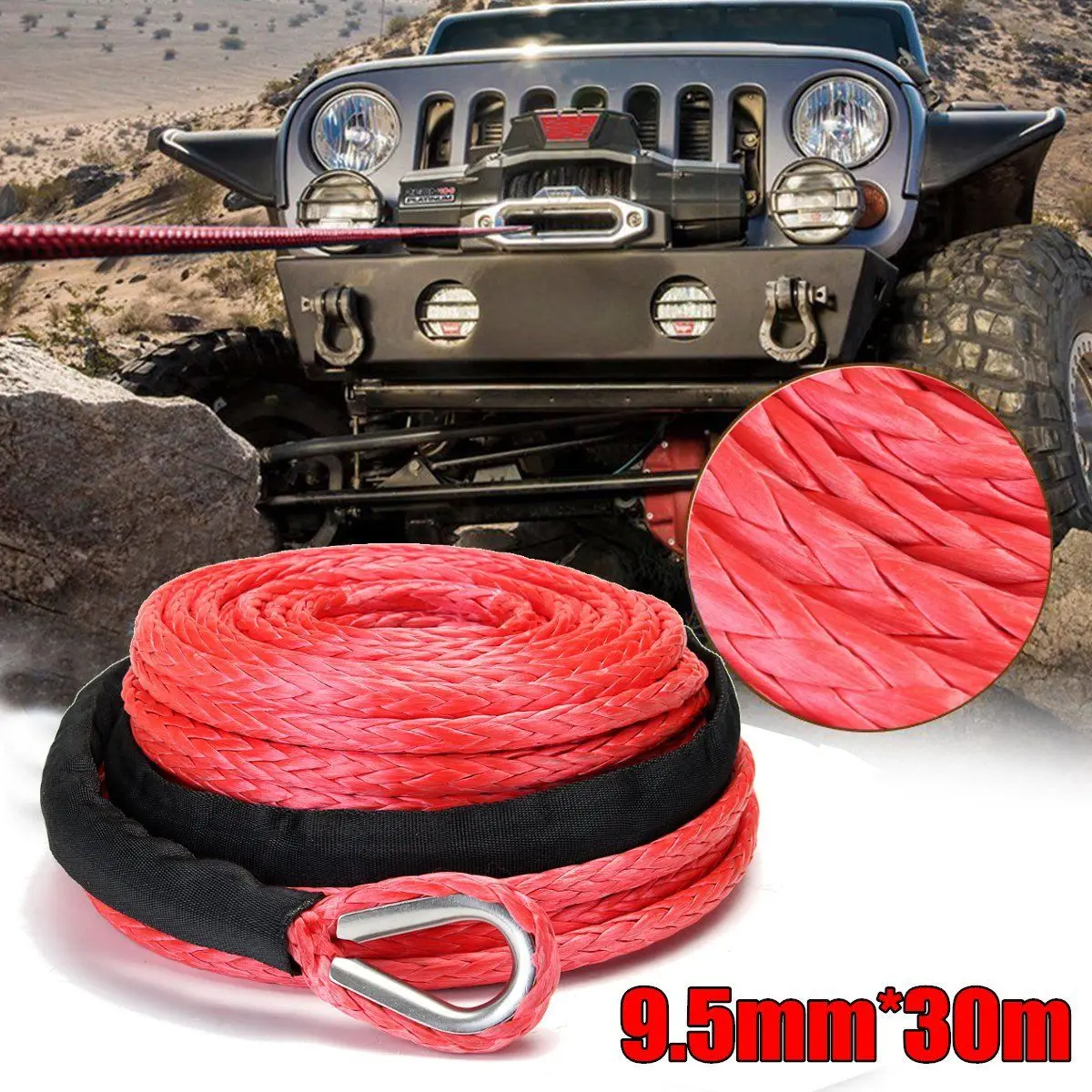 

New 3/8''100FT Synthetic Winch Line Cable Recovery Rope 15000lbs For ATV SUV Off-Road