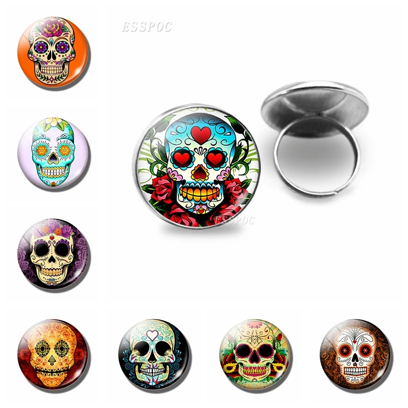 

Sugar Skull Glass Cabochon Ring Mexican Folk Art Sugar Skull Handcraft Silver Rings Day of the Dead Jewelry Halloween Gift