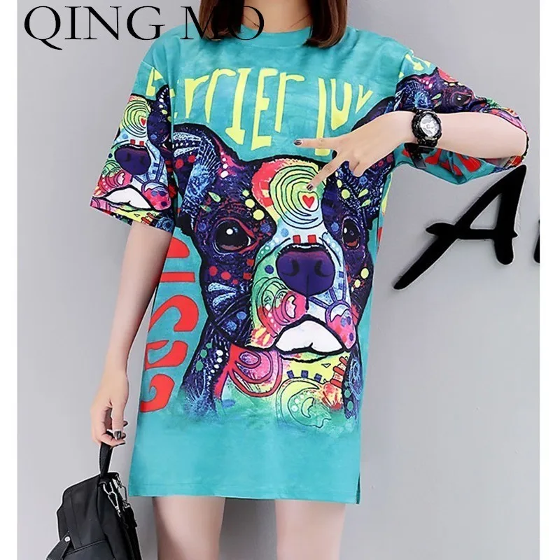 

QING MO Print T Shirt Dress 2019 Summer Animals Tee Shirt Women Casual Tops Plus Size Green Short Sleeve Dress Femme QF627