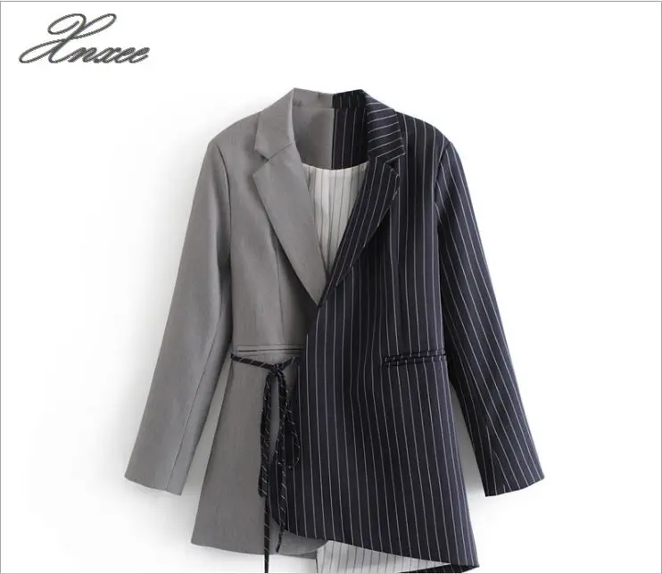 Autumn Women Blazers And Jackets Colorblock Tie Waist Surplice Wrap Womens Blazer Notched Outerwear Ladies Long Coat
