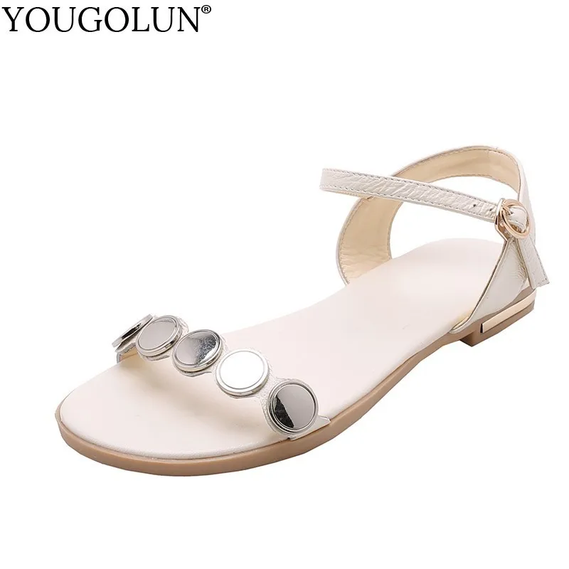 

Genuine Cow Leather Flat Sandals Women Summer Ladies Metal Decoration Sandal Woman Black White Champagne Beige Open Toe Shoes