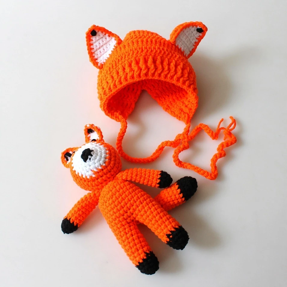 Newborn Baby Photography Prop Knit Cartoon Ears Hat Animal Toy Doll Costume Set
