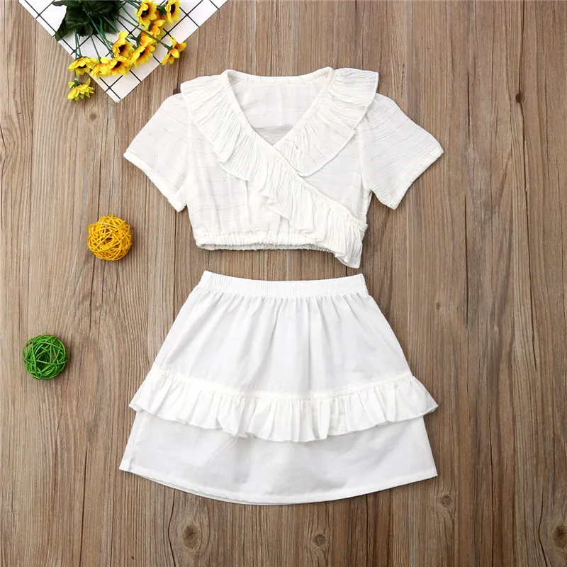 

Boho Kids Baby Girl Summer Clothes Sets Short Sleeve Ruffles Crop Tops Lace Elastic Waist Skirts 2Pcs Kid Girl Outfits 6M-5T