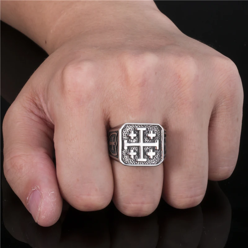 Men's Sterling Silver Jerusalem Cross Ring - .925 Silver Crusader's Cross Statement Ring