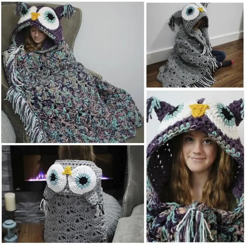 Crocheted Hooded Owl Blanket Animal Owl Style Poncho Novelty Boys