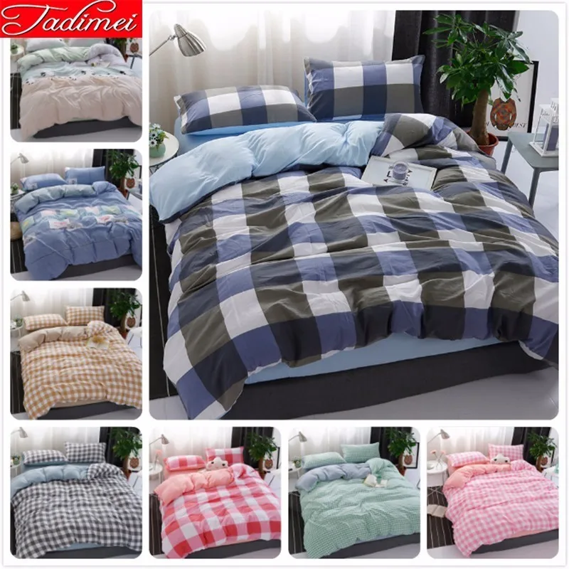 Blue Grey Plaid Duvet Cover Bedding Set Adult Couple Kids Soft