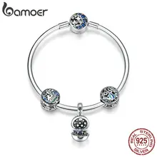 BAMOER 925 пробы серебряные браслеты с подвеской в виде тропической рыбы океана для женщин, голубой браслет с Луной и звездой, ювелирные изделия SCB813
