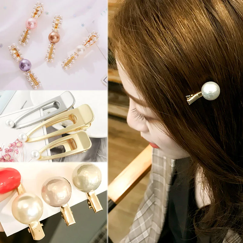 

Simple imitation pearl crystal hairpin girl sweet bow knot gold metal hair clip hollow headdress women fashion hair accessories