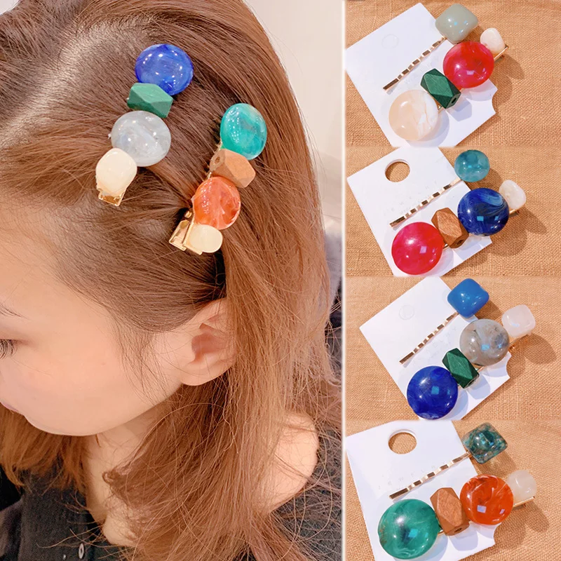 

Fashion 2Pcs Japanese Acetic acid ball word clip Women Hair Clips Geometric new design Hairpin Hair Accessories