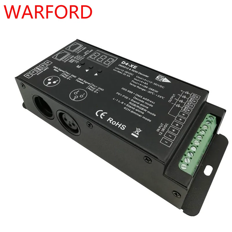 

D4-XE 4 channel PWM constant voltage DMX decoder with digital display XLR3 and RJ45 port DC12-36V input;8A*4CH