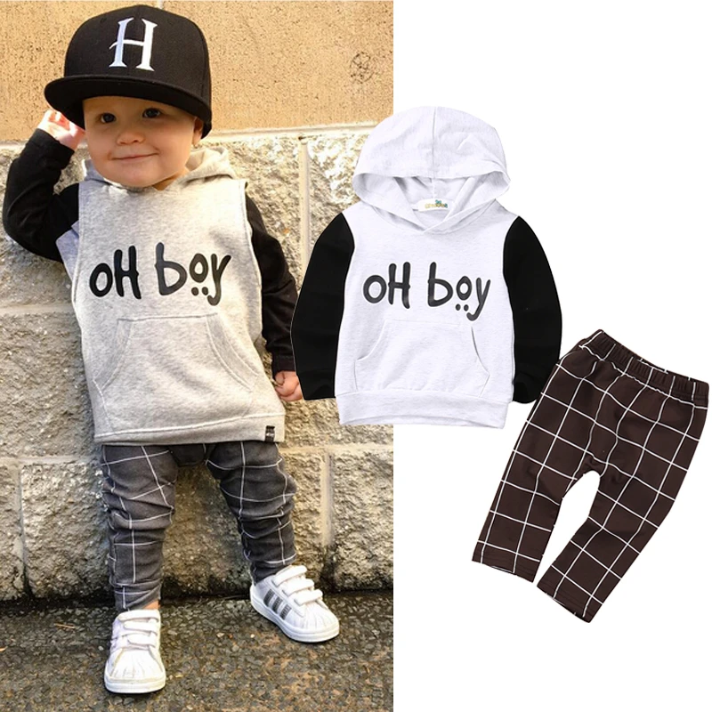 CANIS New 2pcs Newborn Babys Clothes Set Oh Boy Long Sleeve Hooded Sweatshirt Tops Pant Outfit Toddler Kids Clothing