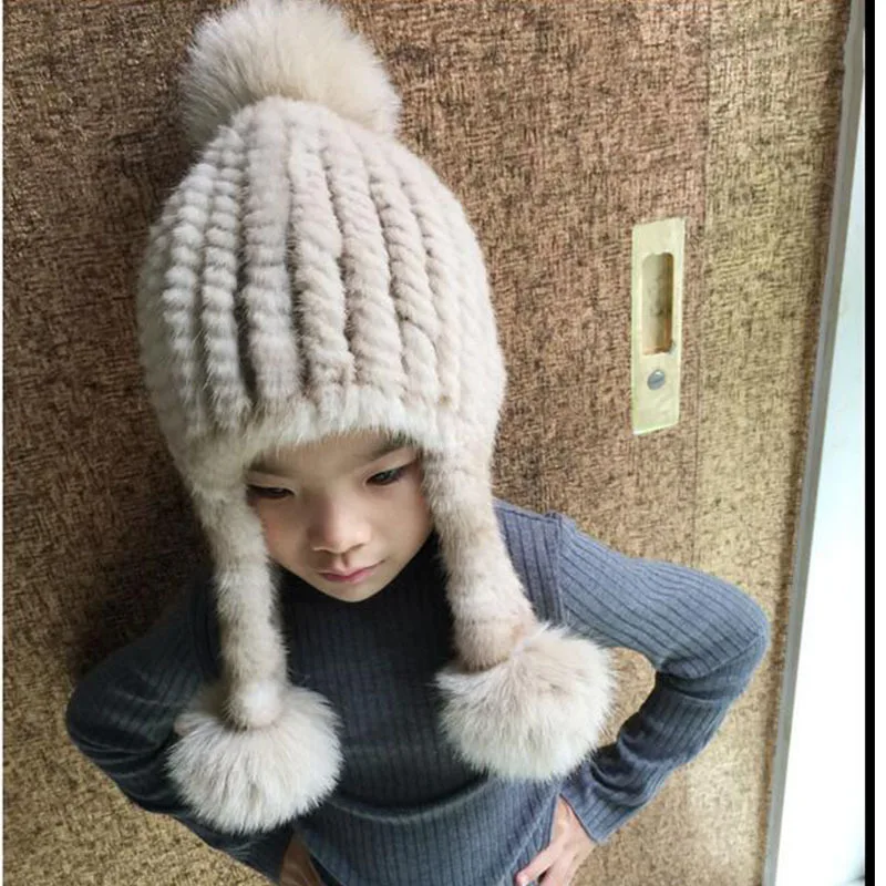 

Fashion Children Mink Knitted Hat with Fox Fur Ball Pompoms Hats Girls Autumn Winter Warm Solid Hats Baby Beanies Caps H#10