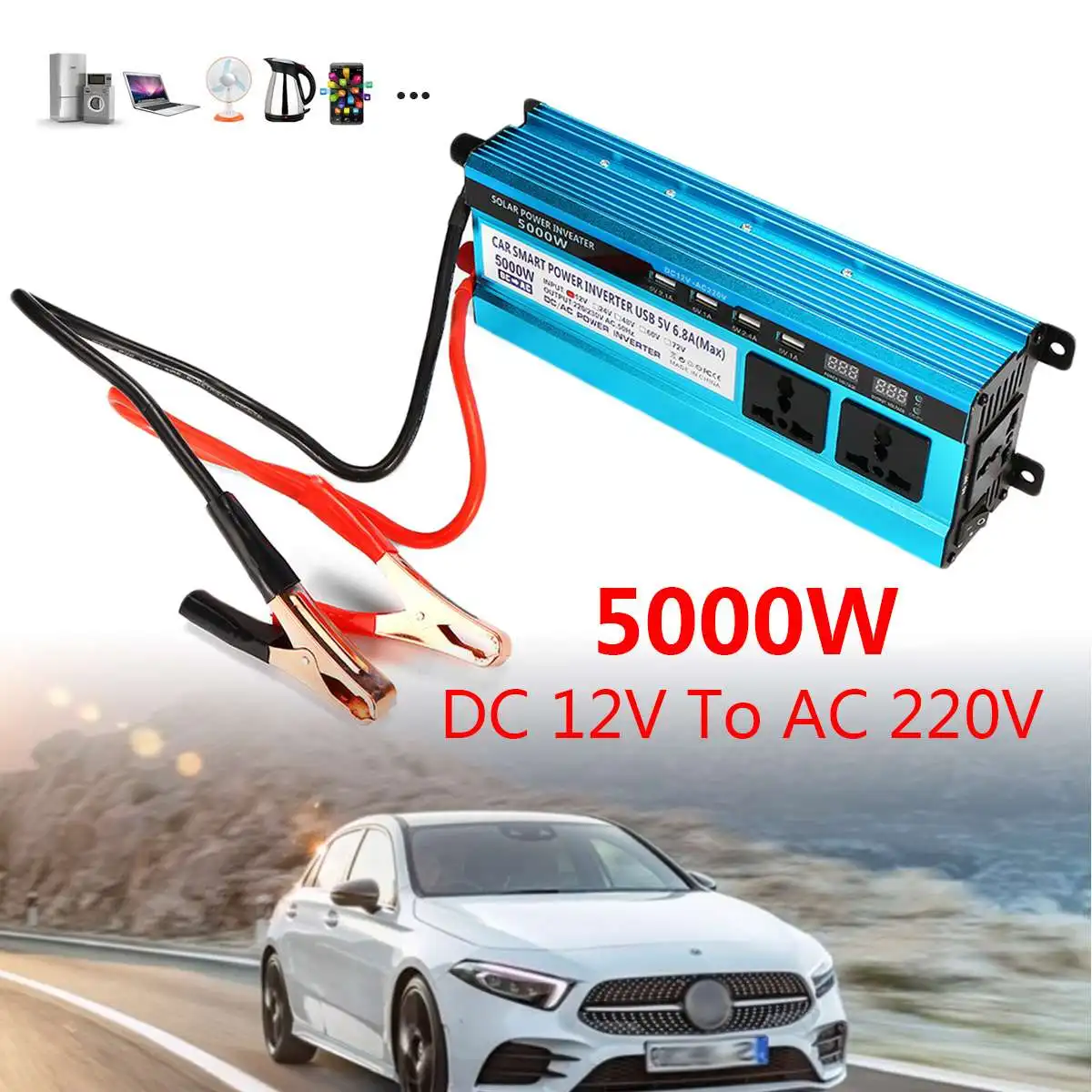 

Peaks Solar Power Inverter 5000W 12V/24V DC to 220VAC Dual LED Screens Modified Sine Wave Converter Overload Protection Cool Fan