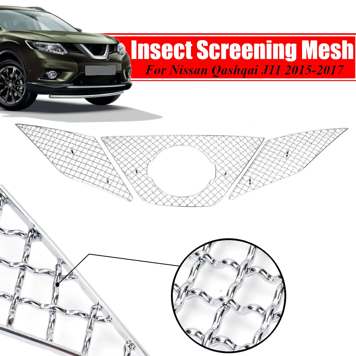 

3Pcs 42*20*9cm Car Front Bumper Grill Vent Grille Insect Screening Mesh Net Stainless Steel For Nissan Qashqai J11 2015-2017