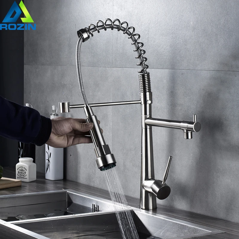 

Brushed Nickel Kitchen Sink Faucet Deck Mounted Spring Pull Down Kitchen Hot Cold Water Tap Pull Down 2 Swivel Spout Mixer Tap