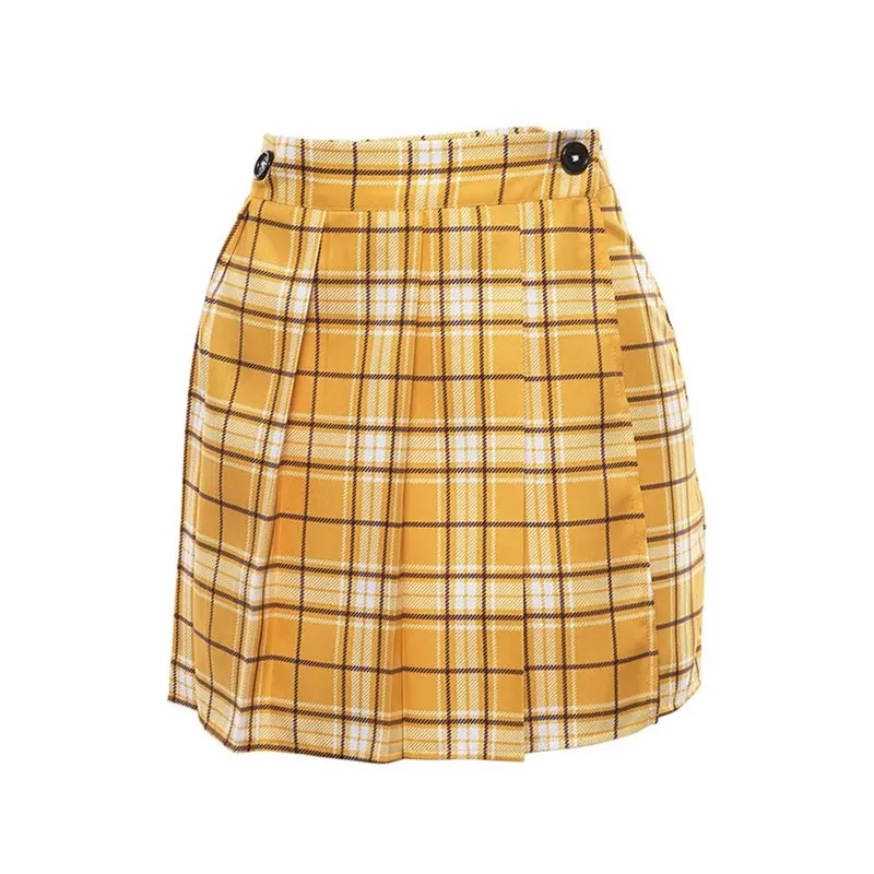 Women Mini Skirts Casual Yellow Boho OL Aline High Waist Plaid Button