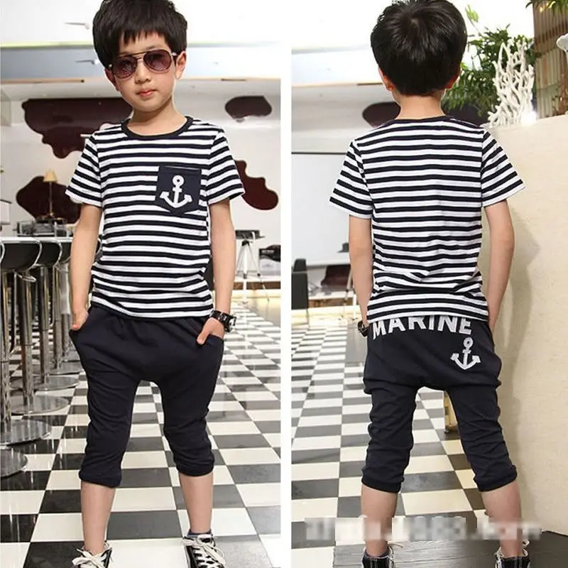 

2 pieces Short sleeve Stripe Anchor Print T shirt Top and Pant Set For Toddler Boy Summer Clothes
