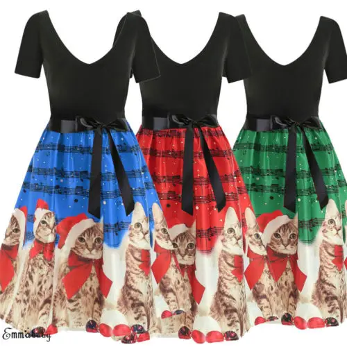 

Plus Size Xmas Dress Women High Waist Cat Christmas Dress Xmas Santa Party Swing Ladies Dress Skater Party Sundress