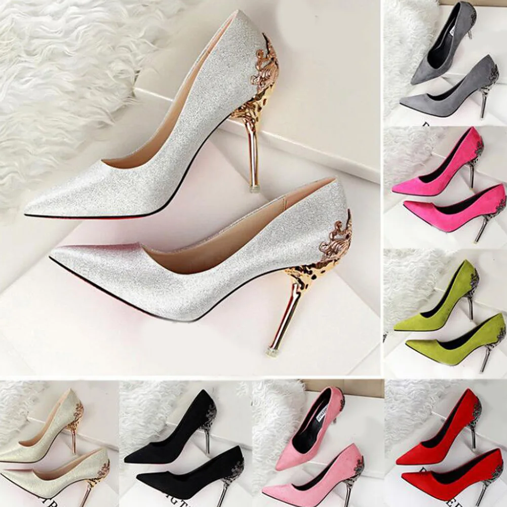

Elegant Metal Carved Heels Women Pumps 2019 Fashion Suede High Heels Candy Colors 10cm High Heel Women Wedding Shoes