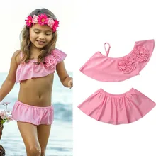 Летние купальники для девочек топы с оборками и цветочным принтом+ юбка, суженная книзу комплект бикини из 2 предметов, пляжная одежда для маленьких девочек, одежда для малышей, От 1 до 7 лет