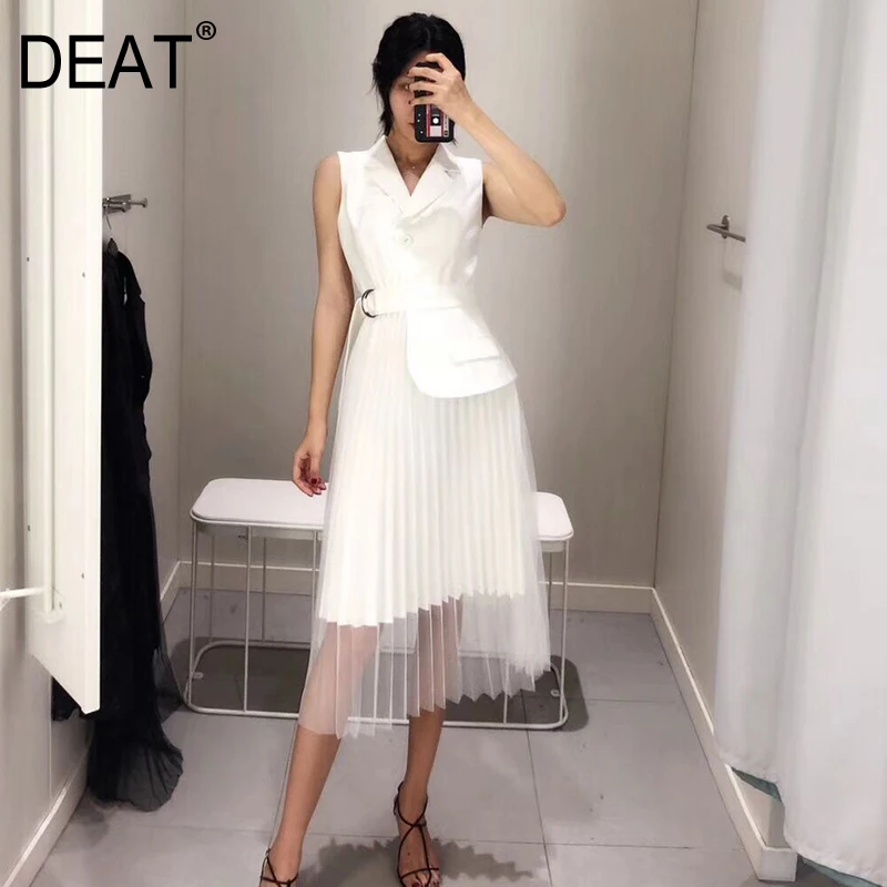 

[DEAT] High Quality 2018 Autumn New Fashion Black White Sleeveless Notched Spliced Mesh Hemline Women's Unique Dress YC59