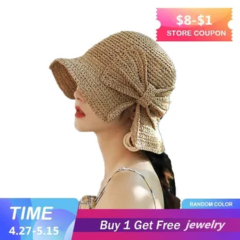 

Parent-child 100%raffia Bow Sun Hat Wide Brim Floppy Summer Hats For Women Beach Panama Straw Dome Bucket Hat Femme Shade Hat