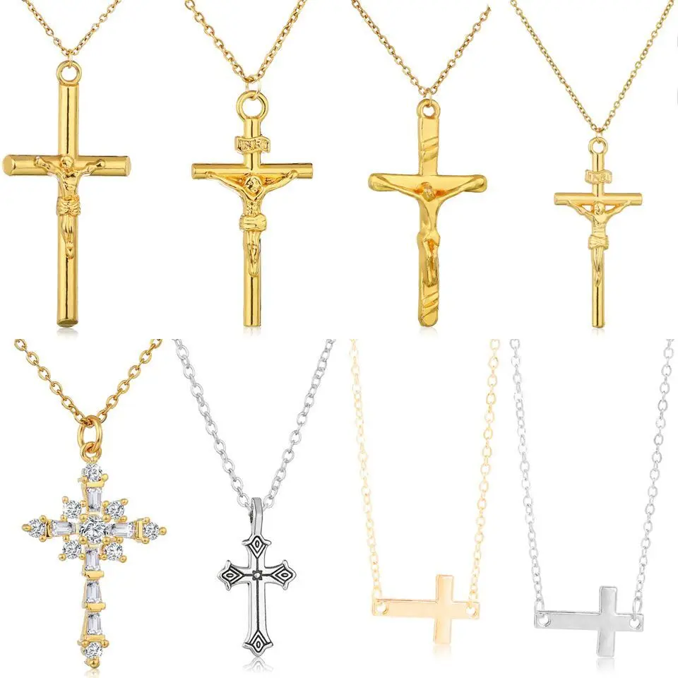 

2019 Unisex Trendy Cross Necklace Double Side Gold Silver Rhinestone Cross Pendant Gold Jesus Necklaces&Pendants Jewelry Gift