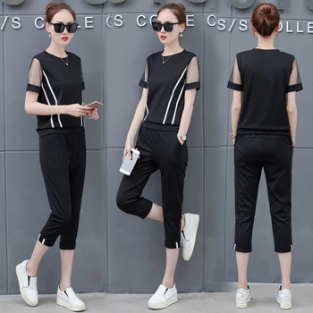 

Set new Korean fashion loose sweatshirt & capris big yards leisure 2019 summer two-piece clothing set women outfit white black