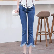 Весна/Лето Джинсы женские трусы средней посадки джинсы эластичные рваные джинсы для женщин Tassles Джинсовые Брюки Плюс Размер Feminino брюки