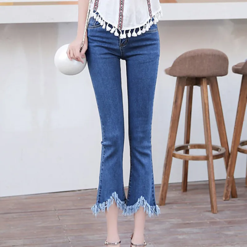 

Spring/Summer Jeans Women Mid Waist Women Jeans Elastic Ripped Jeans For Women Tassles Denim Pants Plus Size Feminino Trousers
