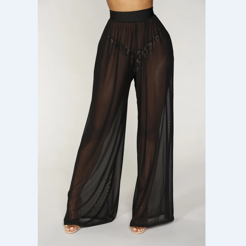 

Women Boho Wide Leg High Waist Trousers Ladies Solid Beach Casual Long Loose See-through Mesh Sheer Cover Up Pants Hot