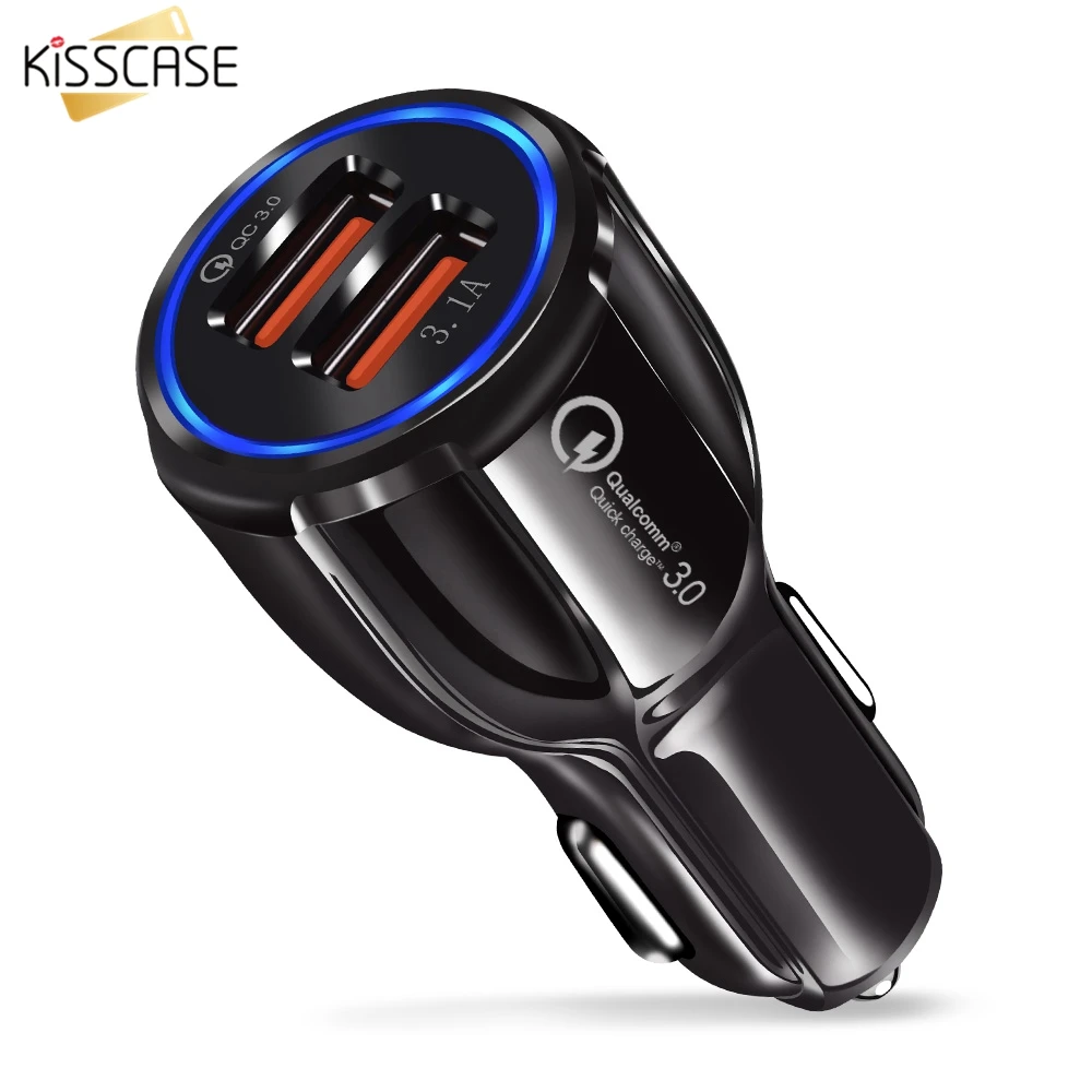 KISSCASE QC 3.0 USB شاحن سيارة 3.1A سريع محول الشحن المزدوج USB شواحن سريعة ل فون سامسونج هاتف لوحي سيارة-شاحن