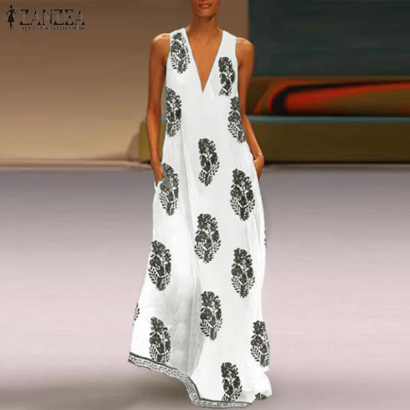 

Womens Summer Maxi Long Dress ZANZEA 2019 Sleeveless Leaf Printed Sundress Vintage Party Beach Vestidos Robe Femme Oversize