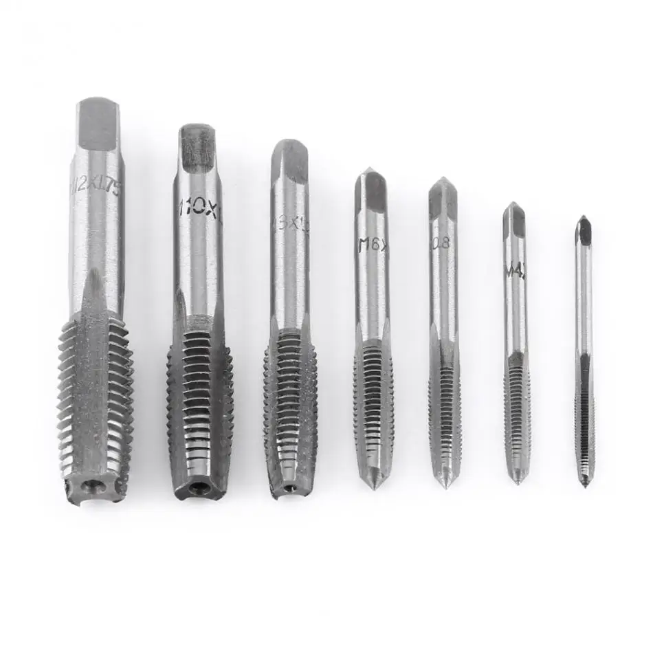 

High Quality 7pcs/Set HSS M3/M4/M5/M6/M8/M10/M12 Machine Spiral Point Straight Fluted Screw Thread Metric Plug Hand Tap Drill