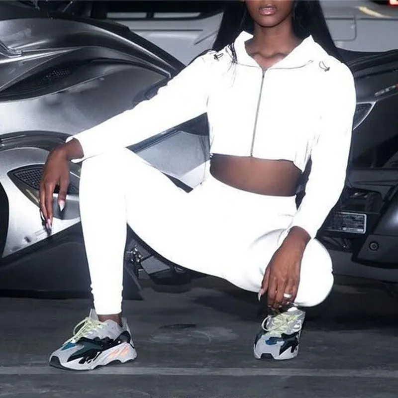 

Spring Flash Reflective Crop Top And Pant 2 Pieces Sets Short Women Jackets Casual Hoodies And Pants Women Tracksuits