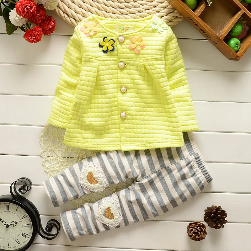 Spring Autumn Baby Grils Clothes Children Cotton Flower Jacket Stripe Pants 2Pcs/Sets Fashion Newborn Clothing Toddler Tracksuit