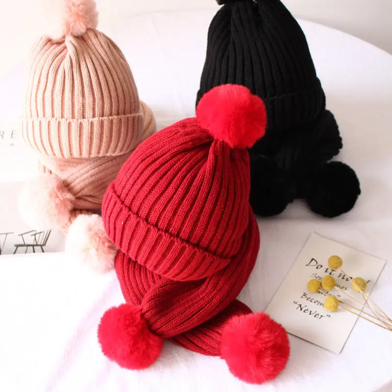 Комплект из 2 предметов унисекс для девочек и мальчиков, детская шапка и шарф, зимние теплые милые вязанные шарф и шапка, вязаные крючком