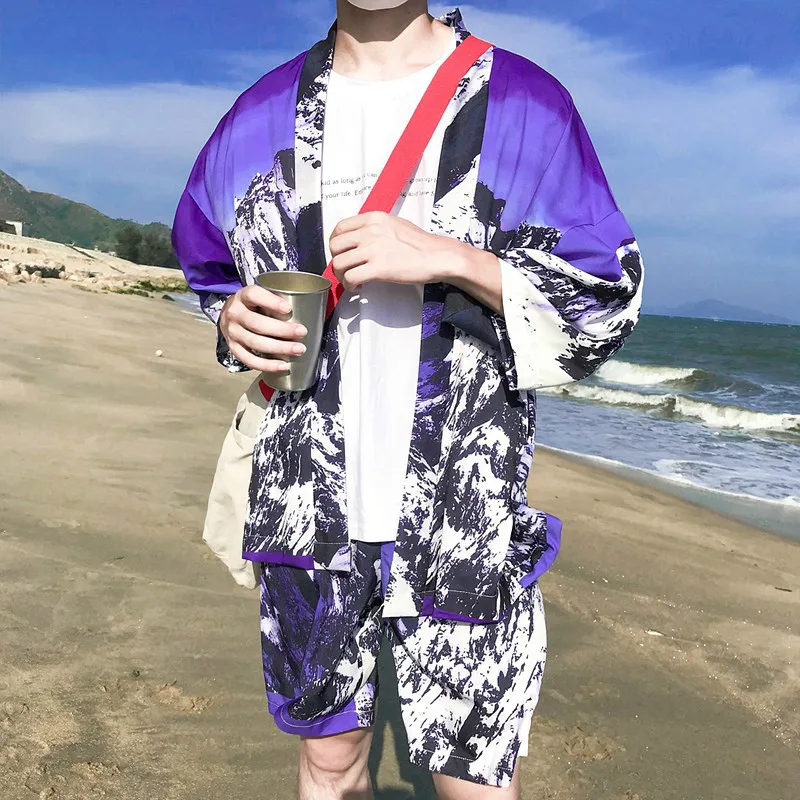 Мужские рубашки спортивный костюм брюки наборы из двух частей пляжная одежда Снежная гора принт Мужская Уличная мода кимоно Блузка+ шорты костюмы