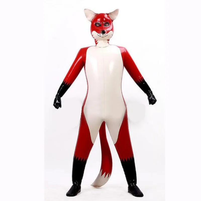 

Latex Rubber Overall Hooded Uniform Double layer Catsuit Fox Cosplay Full Body Wetlook Color Unisex Customized Size XXS-XXL