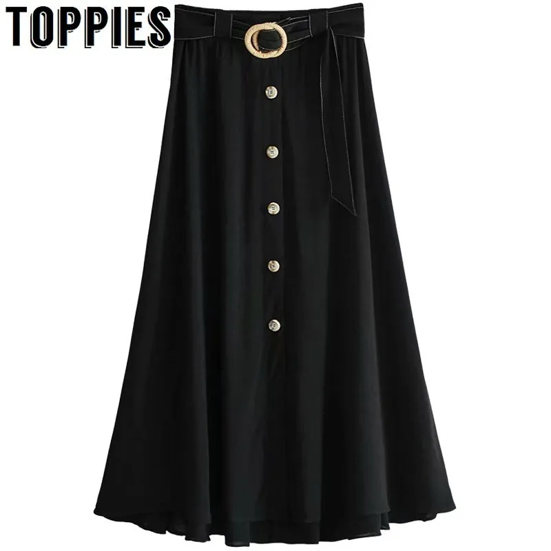 

High Waist Single Breasted Midi Skirts European Style Lady Belt Waist Summer Black Skirts 2019 Women Clothes