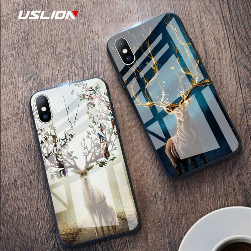 

USLION Tempered Glass Phone Case For iPhone 7 8 Plus X XR XS Max Protective Phone Back Cover Case Coque For iPhone 6 6S Plus